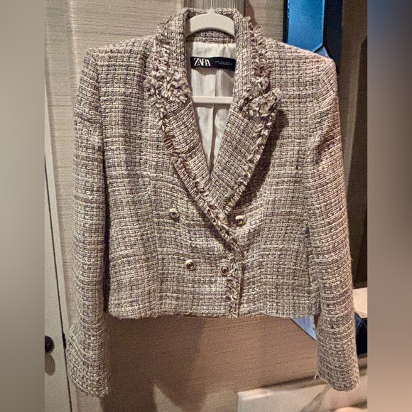 Zara Double Breasted Textured Blazer - Tan, Gray and Cream Size M EUC - Picture 3 of 7